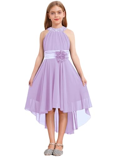 renvena Kids Flower Girls High Low Chiffon Dress Sparkly Beaded Pleated Bridesmaid Wedding Pageant Ball Gown