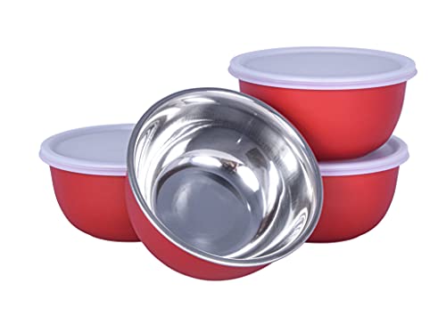 Image of Zaib Microwave Safe Stainless Steel Food Storage Bowl with Lid | Snack Serving Cooked Food Storage Container for Kitchen Capacity- 500 ML Each (4 Pcs Red 500 ML White Lid)