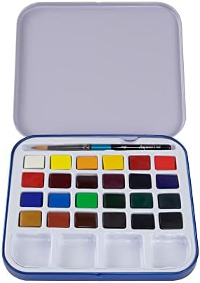 Daler-Rowney Aquafine Watercolour Half Pan Paint Travel Set, 24 Assorted Colours + 1 Aquafine Watercolour Brush, Ideal for Professional & Beginner Artists