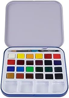 Daler-Rowney Aquafine Watercolour Half Pan Paint Travel Set, 24 Assorted Colours + 1 Aquafine Watercolour Brush, Ideal for Professional & Beginner Artists