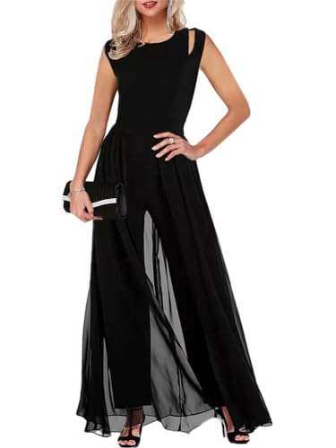 nicticsi Femmes Combinaison Col V Jumpsuit Élégant sans Manches/Manches Courtes Playsuit Couleur Unie Long Pantalon Cocktail Soirée Cérémonie Romper G-Noir M