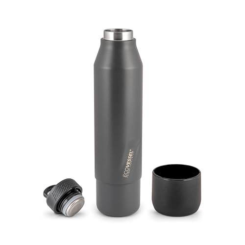 EcoVessel Stainless Steel Bottle with Removable Cup, Vacuum Insulated Thermos for Hot and Cold Drinks, with Folding Handle for Travel and Camping, 25oz (Gray)