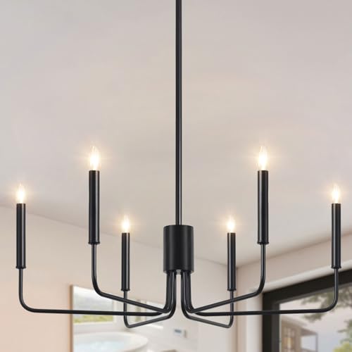 ASHUAQI Black Chandelier 6 Lights Chandeliers Ceiling Light, E14 Base Pendant Light, Industrial Black Ceiling Lights for Living Room, Dining Room, Kitchen, Hallway, Bedroom, Height Adjustable