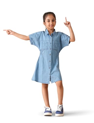Image of Amazon Brand - Symbol Girl's Cotton Denim Shirt Knee-Length Casual Dress
