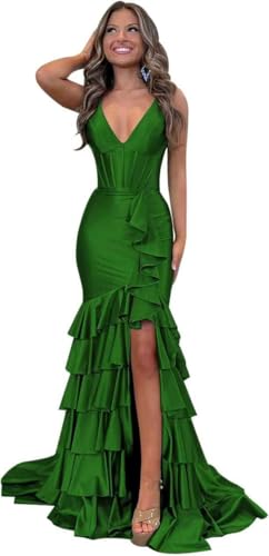 Mermaid Prom Dresses for Women Tiered Formal Dress with Slit Satin Evening Gowns