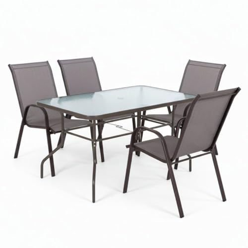 MONTY Conjunto Exterior | Mesa 140 cm de Acero y Cristal Templado + 4 Sillas de Textileno Antracita | Resistente: Pintura anticorrosión, Tela Doble | Transpirables, Apliables | Classic