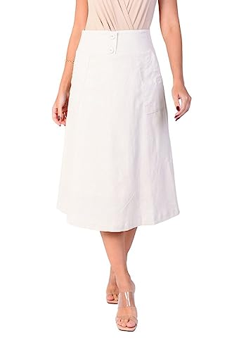 Saia midi com bolsos linho com elastano (ref 02277) (P, BEGE)