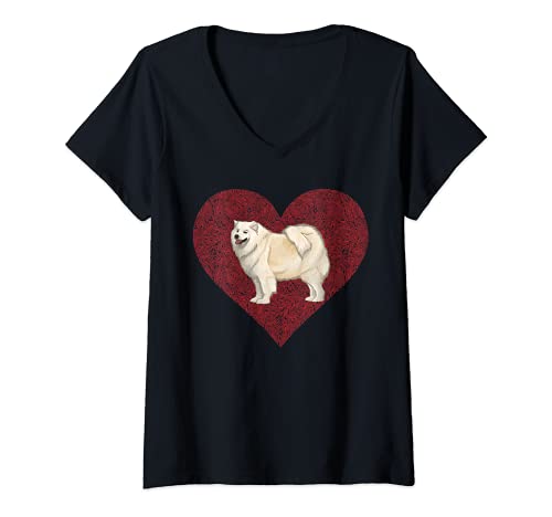 Womens Samoyed Valentines Day Dog Love Fingerprint V-Neck T-Shirt, Black