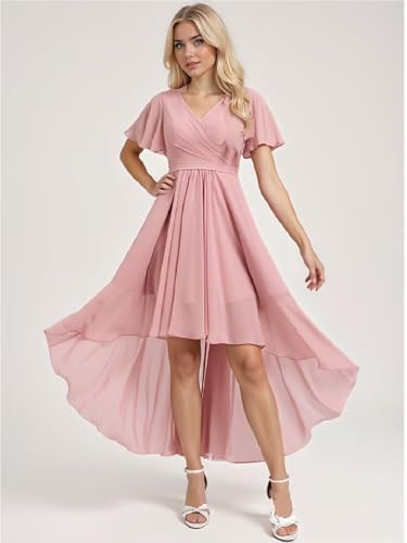 Xijun Women's High Low Chiffon Bridesmaid Dresses Short V Neck Formal Dress Ruffle Sleeves Evening Party Gowns2