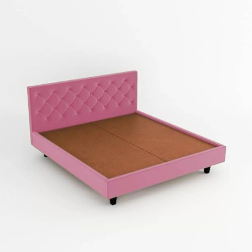 Image of Wooden Modern Upholstered Queen Size Bed for Bedroom | Wooden Double Bed Without Storage | Platform Cot Upholstered Bed with Upholstery Fabric | Engineered Wood | 6.5 x 5 Ft | Pink