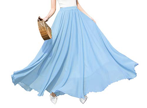 Women's Chiffon Elastic High Waist Maxi Skirt Pleated A-Line Flared Flowy Bohemian Skirts