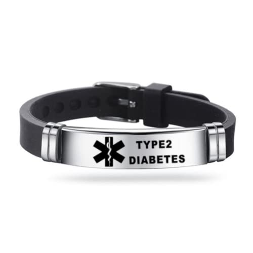 Medical ID Me - Medical Alert Silicone Bracelets Emergency Medical Awareness Epilepsy Diabetes COPD Blood Thinner Men Women Stainless Steel Adjustable (Diabetes Type 2)
