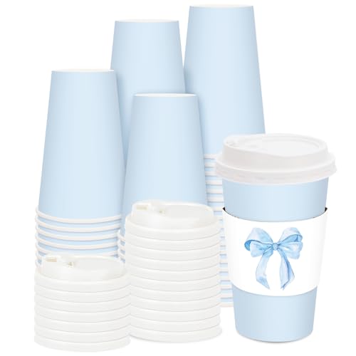 FYSUIMU 50 Sets Blue Coffee Cups with Bow Sleeves and Lids 16oz Blue Bowknot Baby Shower Disposable To Go Paper Coffee Cups for Birthday Wedding Bachelorette Party Supplies