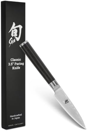 Shun Classic 3.5" Paring Knife, Handcrafted Japanese Vegetable & Fruit Knife, VG-MAX Core with Damascus Stainless Steel Cladding, Pakkawood Handle, Small Kitchen Tool for Peeling, Coring & Cutting