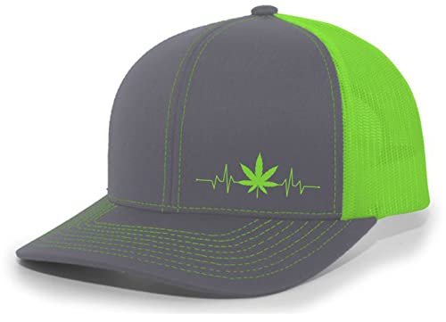 Weed Heartbeat Marijuana Cannabis Men's Mesh Back Trucker Hat Baseball Cap, Charcoal/Neon Green