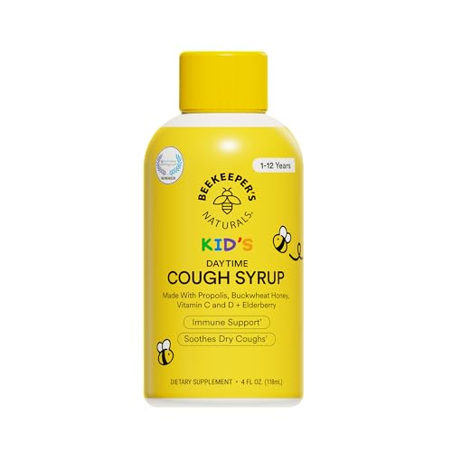 Beekeepers Naturals Propolis Honey Cough Syrup Daytime for Kids Immune Support with Elderberry Vitamin C Vitamin D & Raw Honey - Throat Soothing - Gluten Free & Clean Ingredients 4 oz.