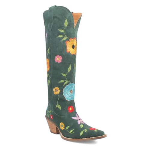 Dingo Womens Flower Power Embroidered Floral Snip Toe Pull On Casual Boots Over the Knee Mid Heel 2-3" - Green - Size 8 M2