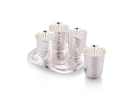 Image of Silverglow Ace Tray Glass Set | Silver Plated Glass Set of 4 with Tray | Juice, Water, Beverages Serving Set | Tableware Set | Perfect Diwali, Office, Wedding Return Gift Item