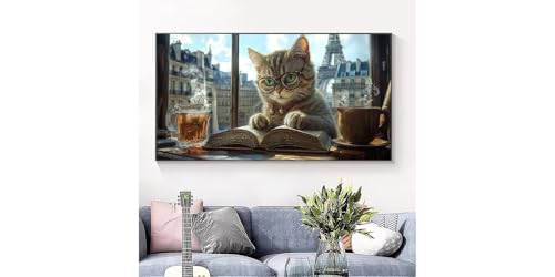 Broderie Diamant Chaton Lisant Grand Format 100x200cm, Kit Complet Toile Ronde DIY