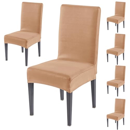 Image of HOKIPO 'SereneSolids' 140 GSM Polyester Blend Dining Chair Cover Set of 6, Camel (AR-6246-CML)