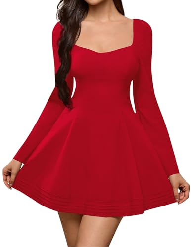 URYIAO Fall Long Sleeve Mini Dress A Line Sweetheart Neckline