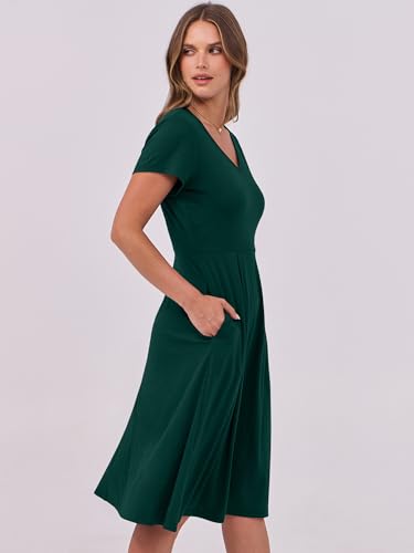 Image of ANRABESS Women Summer Dress Casual Short Sleeve V Neck A-Line Knee Length Pleated Flowy 2026 Fashion Midi Dresses with Pocket