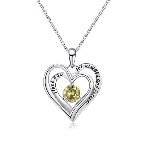 Double Heart Birthstone Pendant Necklace - 925 Sterling Silver Dainty Love You Forever Round Gemstone Cubic Zirconia 18” Platinum Plated Adjustable Chain Necklaces Jewelry Gifts for Girls Wife