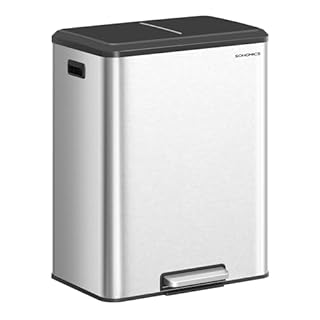 SONGMICS Kitchen Bin, 2 x 8 Gal. (2 x 30 L) Double Rubbish Bin for Recycling and Waste, Inner Buckets, Stainless Steel, Soft-Close Lid, Wide Sturdy Pedal, Metallic Silver LTB556E01