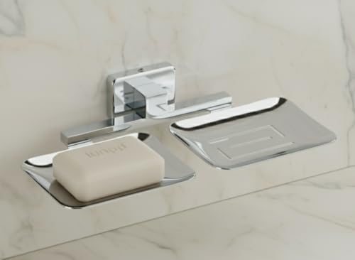 Image of EASYHOME FURNISH Premium Stainless Steel Double Soap Dish for Bathroom and Kitchen | Wall-Mounted Dual Soap Holder with Chrome Finish | Rust-Proof, Heavy-Duty Soap Stand Tray (Square-38 08)