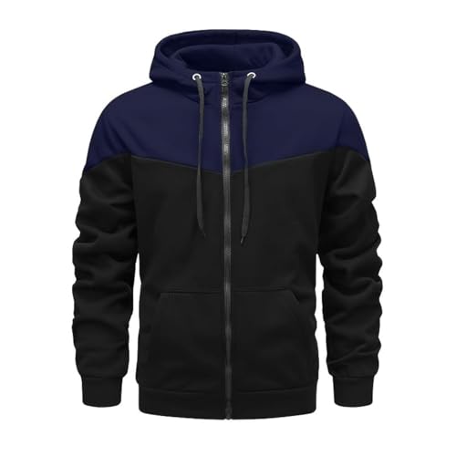 Mens Fleece Hoodies Zip up Hooded Sweatshirt Patchwork Casual Hoody Contrast Color Top Long Sleeve Warm Jacket Navy 3XL