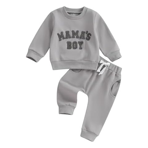 SHIBAOZI Baby Boy Clothes Toddler Fall Winter Outfit Letter Graphic Sweatshirt Pullover Tops + Pants Joggers Set (Gray, 18-24 Months) Cover