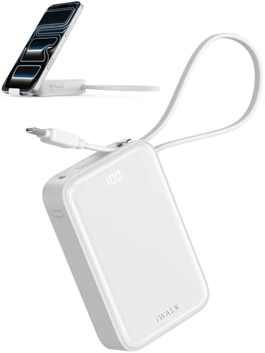iWALK モバイルバッテリー タイプc 小型 軽量【45W急速充電・10000mah 大容量・スタンド付き・2025年新登場 】もばじゅう コンパクト USB-C ケーブル内蔵 ストラップとして使える 携帯充電器 ディスプレイ搭載 モバイル充電器 iPhone 17e / 17 /16 /15 Android MacBook 各種機器対応 機内持ち込み可 防災グッズ PSE認証済 ホワイトの商品画像（Amazon）
