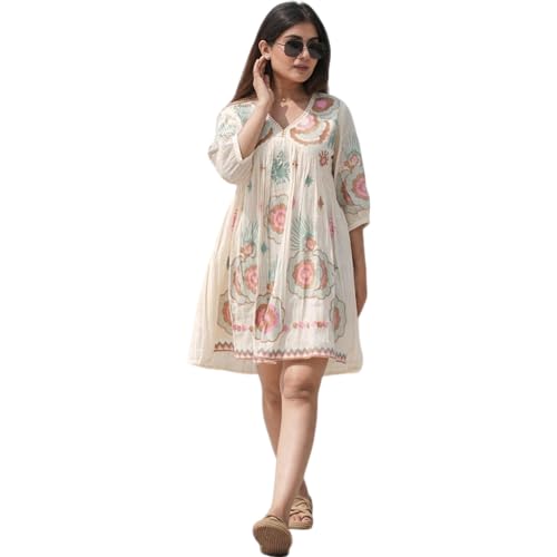 Image of Women's Off-White Cotton Embroidered Short Dress, Petal Stitch Detailing, Half Sleeves, A-Line Fit