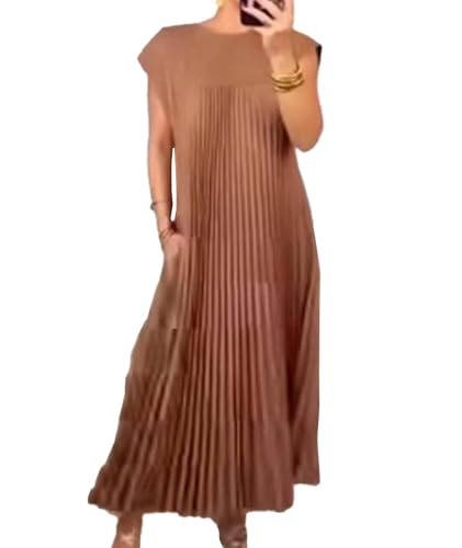 Image of SEMATOMALA Women's Pleated Short Sleeve Maxi Dress Crewneck Loose Fit Flowy Swing Long Dress with Pockets