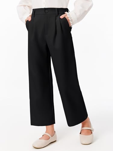 Image of Haloumoning Girls Uniform Pants Kids High Waisted Wide Leg Dress Pants Casual Trousers with Pockets 5-14 Years