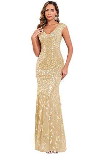 Miao Duo Elegant Sequin Tulle Formal Dress for Women Long Sleeveless Mermaid Evening Gown Sparkly V Neck Cocktail Dress for Women Wedding Gold 08