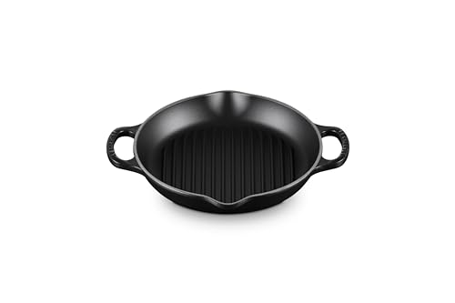 LE CREUSET Signature Hohe runde Grillpfanne aus Gusseisen, für alle Herdarten und Backöfen, 25 cm, Schwarz matt, 20208250000422