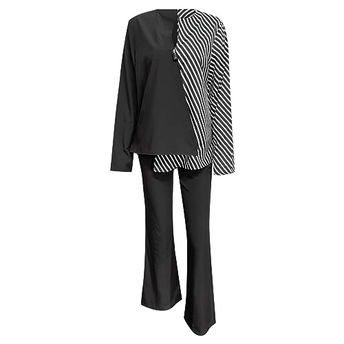 Women's Dressy Casual 2 Piece Outfits Work Set Long Sleeve V Neck Tops High Waist Wide Leg Pants Suit with Pockets3