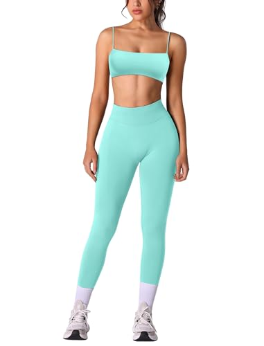 OMEWEE Workout sets for women 2 piece:Spaghetti Straps BacklessTop Bra and High Rise leggings for yoga Mint green L