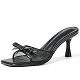 Attiposh Womens Heeled Sandals Open Square Toe Kitten Heels Sandals Slip On Bow Mesh Mules Heels Comfortable Dress Shoes for Party Wedding