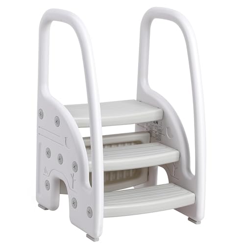 Euker ステップスツール 子供用踏み台 2段・3段可変式 手すり付き 耐荷重50kg 転倒防止 簡単組立 滑り止め キッズステップ 洗面所 手洗い トイレトレーニング 男の子 女の子 グレー