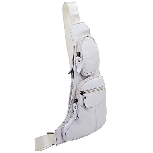 Small Leather Sling Bag Casual Crossbody Daypack for Men Women Outdoor Travel Camping Hiking Fishing Shoulder Chest Pack (White)3