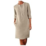 Leinenkleid Damen 3/4 Arm Sommer Knopfleiste Sommerkleid Damen mit Taschen Leinenkleider Baumwolle Leinen Blusenkleid Freizeitkleid Strandkleider Boho Kleid A-Linie Kleid Hemdblusenkleid