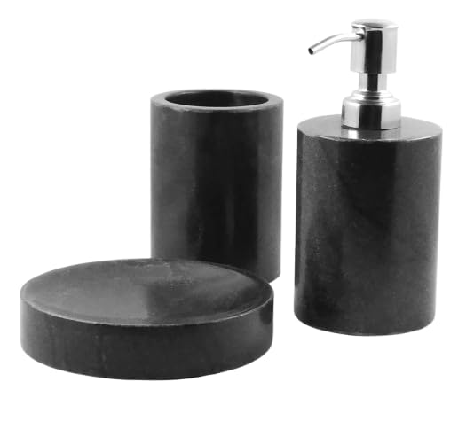 Image of Marble Soap Dispenser, Tumbler & Soap Dish for Bathroom & Kitchen Accessories - Set of 3 | Handwash /Shampoo /Lotion /Toothbrush Holder | Liquid Soap Container for Counter Top (Round, Black)