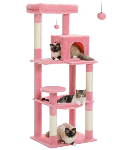 MUTTROS 56.3" Cat Tree with Metal Hammock, 2-Door Condo, 6 Tiers, Pink