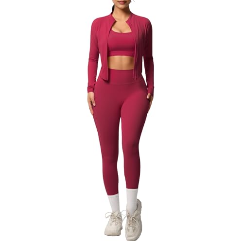 Ropa De Yoga para Mujer 3 Piece Women’s Workout Set – Zip-Up Jacket, Cross Back Sports Bra & High-Waist Leggings(Red,Medium)