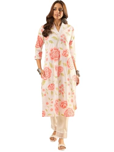 Image of Nayasi Women's Beige Floral Printed Blend Cotton Kurta | Cotton Kurtis for Woman (RX298)