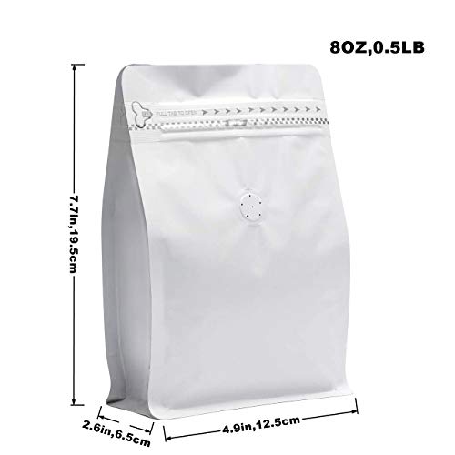 Image of 8 Ounce White Kraft Paper Coffee Bags, Stand Up Coffee Pouches with One Way Degassing Valve and Reusable Side Zipper (Pull Tab to Open) Flat Bottom - - Stand Up Well (50pieces / 8oz, 0.5lb, 227gram)
