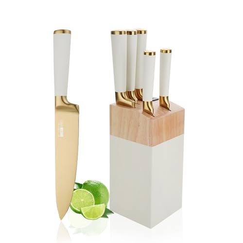 AVEKI Knife Sets for Kitchen, White 6 PCS Stainless Steel Knife Sets with Block, Ultra Sharp Knife Block Set with Comfortable Handle, Built-in Sharpener, New Home Apartment Essentials (White)