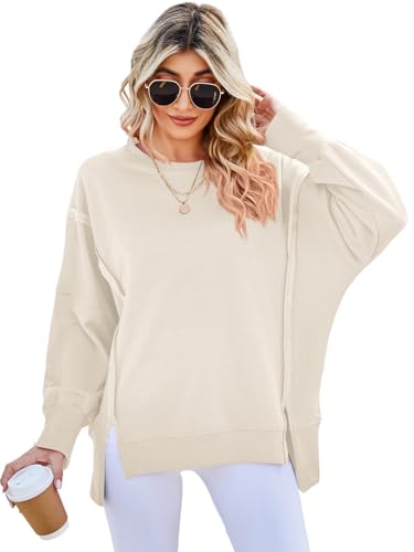 SotRong Ladies Sweatshirts Without Hood Crewneck Oversized Sweatshirts for Women Longline T Shirts Baggy Slouchy Boxy Tops Split Side Cotton Pullover Apricot M